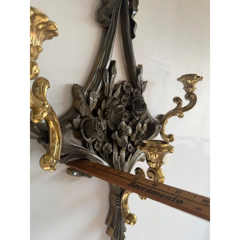 Vintage Syroco 3 Arm Wall Sconce Floral Bow Hollywood Regency Gold Faux Wood 25